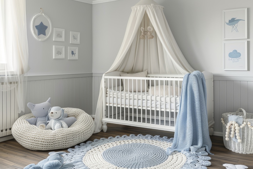 Habitación de bebé con una cuna convertible blanca, decorada con un dosel y rodeada de accesorios suaves en tonos neutros y azules, ideal para un ambiente tranquilo y funcional.